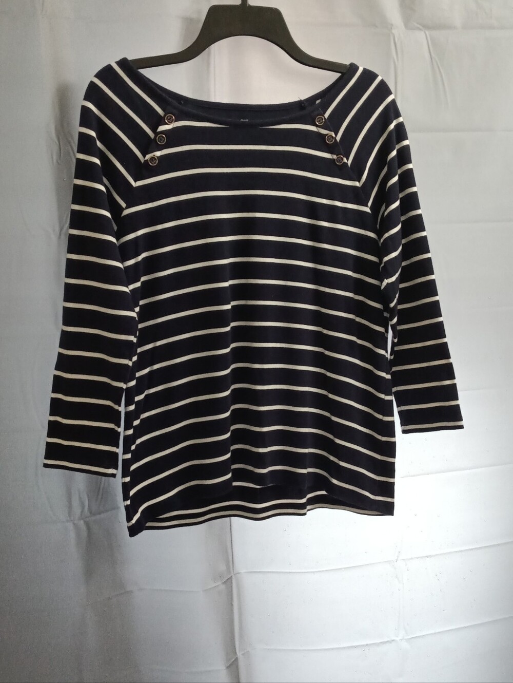 Talbots Navy and White Striped Boatneck Button-Accent Women's Top